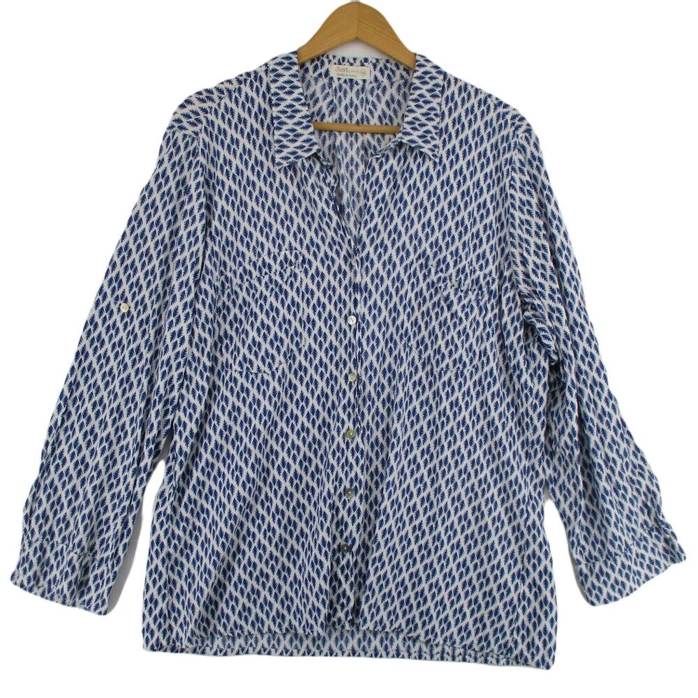 Women 1X Thin Light White & Navy Print Roll Sleeve Button Up Shirt Rayon Linen